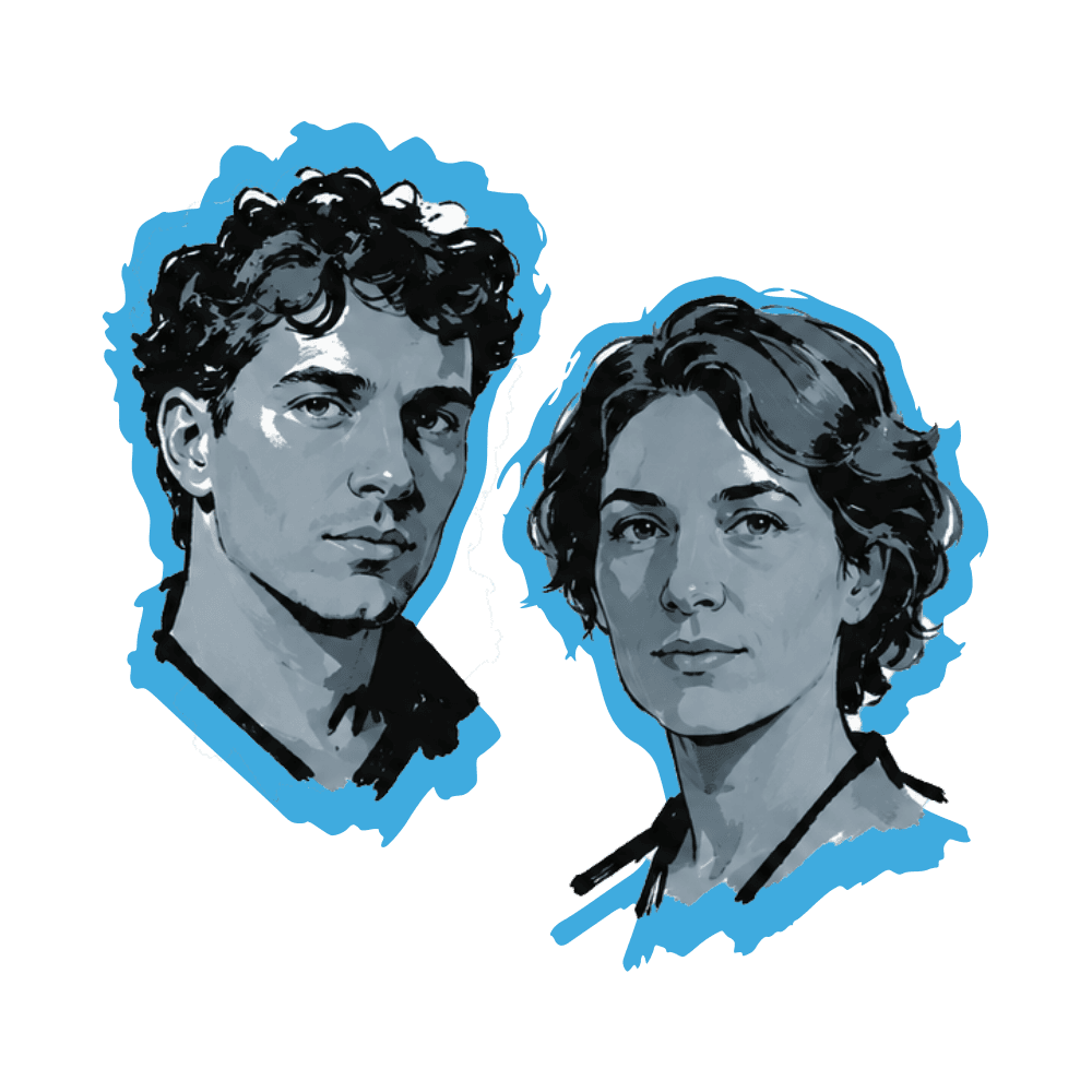 An editorial illustration of a founder-and-successor pairing — the personal relationship at the center of a business succession or partner transition